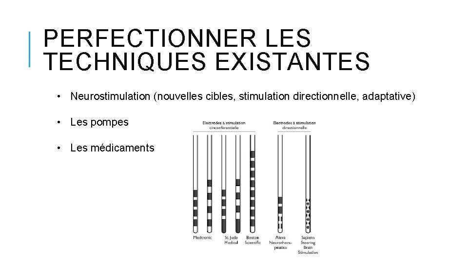 PERFECTIONNER LES TECHNIQUES EXISTANTES • Neurostimulation (nouvelles cibles, stimulation directionnelle, adaptative) • Les pompes PERFECTIONNER LES TECHNIQUES EXISTANTES • Neurostimulation (nouvelles cibles, stimulation directionnelle, adaptative) • Les pompes