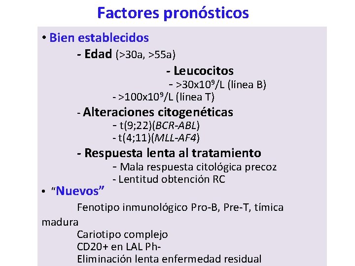 Factores pronósticos • Bien establecidos - Edad (>30 a, >55 a) - Leucocitos -