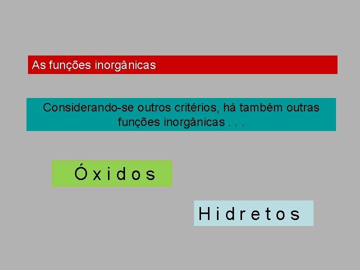 As funções inorgânicas Considerando-se outros critérios, há também outras funções inorgânicas. . . Ó