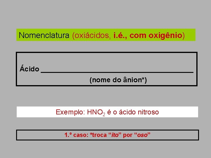 Nomenclatura (oxiácidos, i. é. , com oxigênio) Ácido ____________________ (nome do ânion*) . Exemplo: