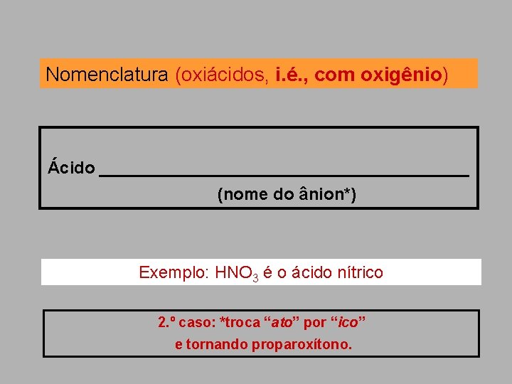 Nomenclatura (oxiácidos, i. é. , com oxigênio) Ácido ____________________ (nome do ânion*) . Exemplo: