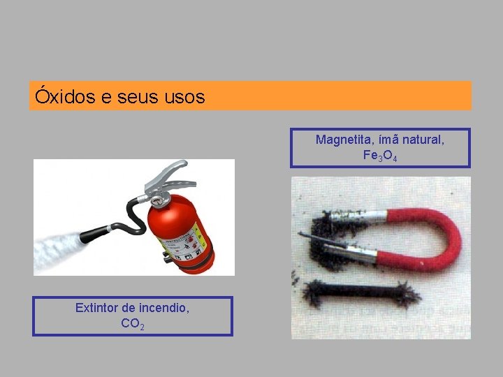 Óxidos e seus usos Magnetita, ímã natural, Fe 3 O 4 Extintor de incendio,