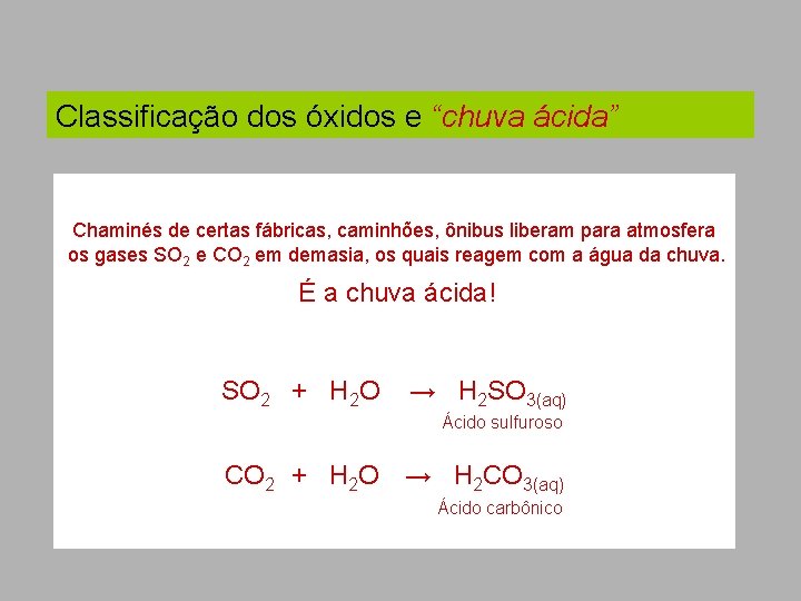 Classificação dos óxidos e “chuva ácida” Chaminés de certas fábricas, caminhões, ônibus liberam para