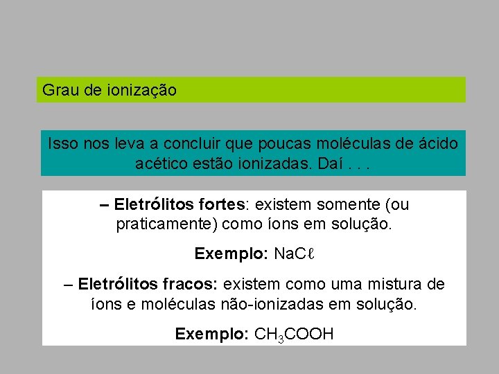 Grau de ionização Isso nos leva a concluir que poucas moléculas de ácido acético