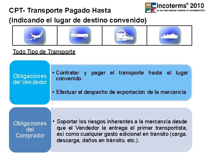 CPT- Transporte Pagado Hasta (Indicando el lugar de destino convenido) Todo Tipo de Transporte