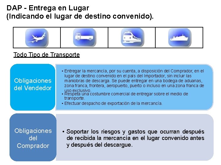 DAP - Entrega en Lugar (Indicando el lugar de destino convenido). Todo Tipo de