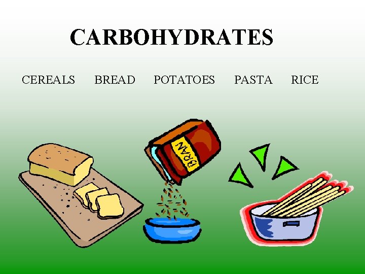 CARBOHYDRATES CEREALS BREAD POTATOES PASTA RICE 