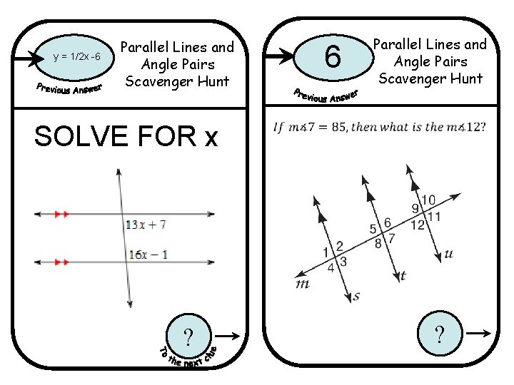 y = 1/2 x -6 Parallel Lines and Angle Pairs Scavenger Hunt SOLVE FOR