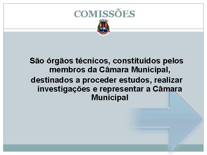 COMISSÕES São órgãos técnicos, constituídos pelos membros da Câmara Municipal, destinados a proceder estudos,