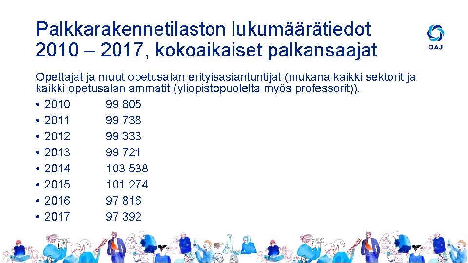 Palkkarakennetilaston lukumäärätiedot 2010 – 2017, kokoaikaiset palkansaajat Opettajat ja muut opetusalan erityisasiantuntijat (mukana kaikki