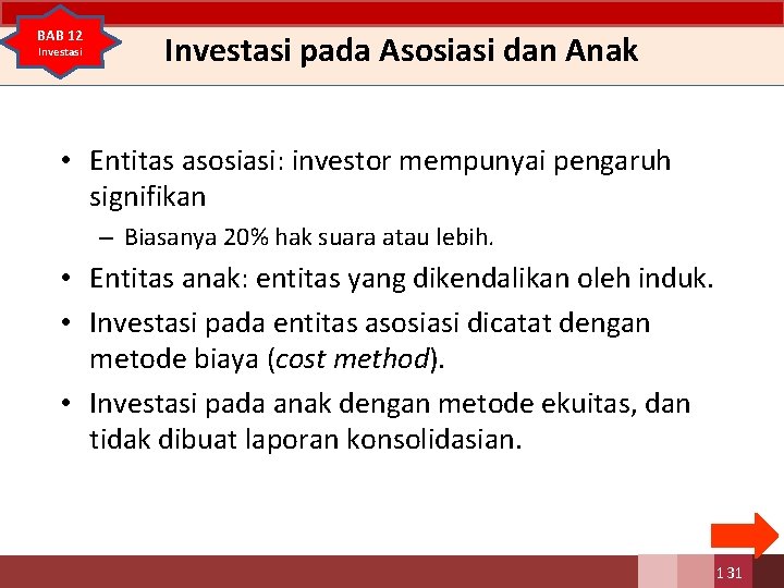 BAB 12 Investasi pada Asosiasi dan Anak • Entitas asosiasi: investor mempunyai pengaruh signifikan