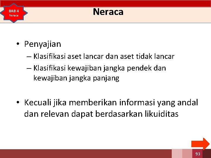 Neraca BAB 4 Neraca • Penyajian – Klasifikasi aset lancar dan aset tidak lancar