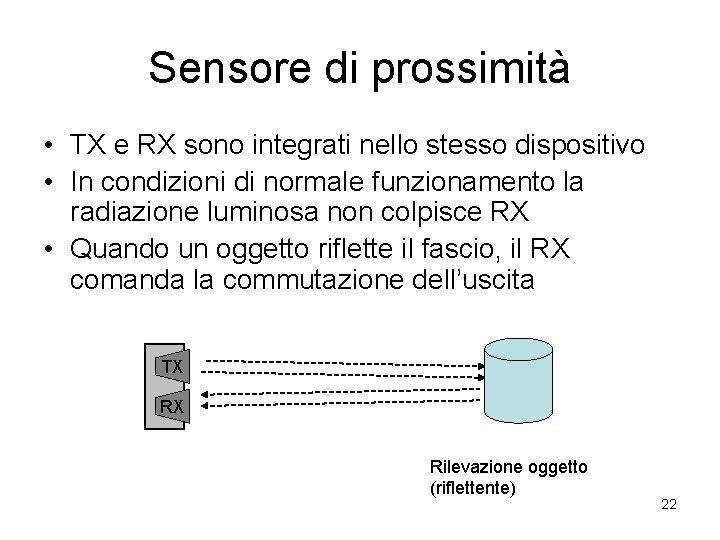Sensore di prossimità • TX e RX sono integrati nello stesso dispositivo • In