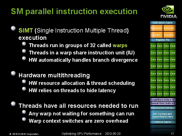 SM parallel instruction execution Instruction Cache SIMT (Single Instruction Multiple Thread) execution Threads run