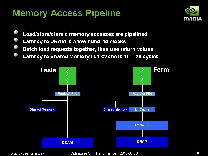 Memory Access Pipeline Load/store/atomic memory accesses are pipelined Latency to DRAM is a few