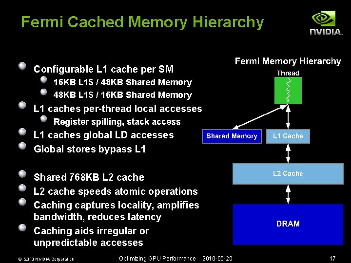 Fermi Cached Memory Hierarchy Configurable L 1 cache per SM 16 KB L 1$