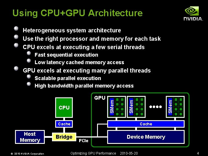 Using CPU+GPU Architecture Heterogeneous system architecture Use the right processor and memory for each