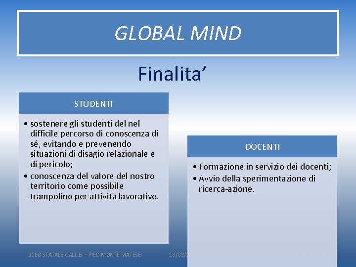 GLOBAL MIND Finalita’ STUDENTI • sostenere gli studenti del nel difficile percorso di conoscenza