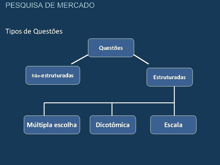 Tipos de Questões Não-estruturadas Múltipla escolha Estruturadas Dicotômica Escala 