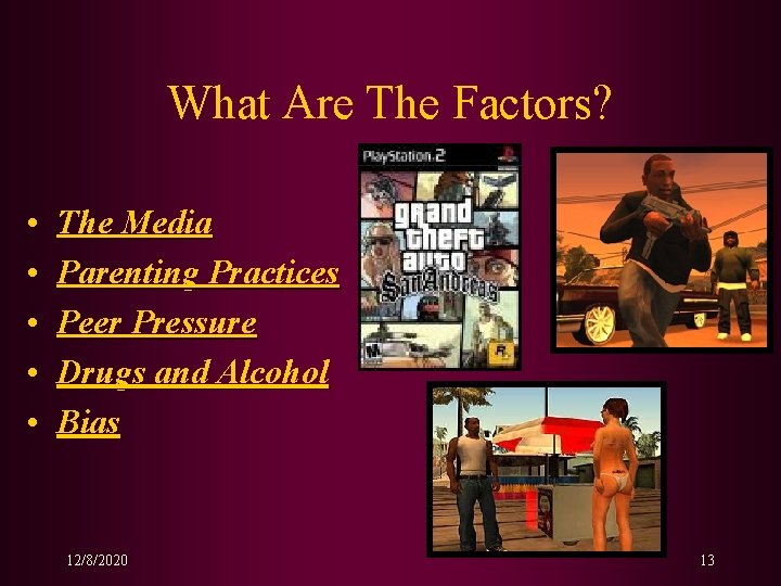 What Are The Factors? • • • The Media Parenting Practices Peer Pressure Drugs What Are The Factors? • • • The Media Parenting Practices Peer Pressure Drugs