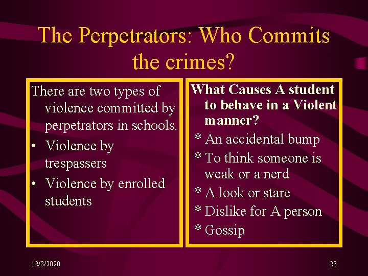 The Perpetrators: Who Commits the crimes? What Causes A student There are two types The Perpetrators: Who Commits the crimes? What Causes A student There are two types