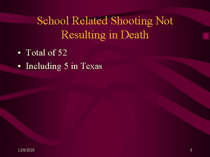 School Related Shooting Not Resulting in Death • Total of 52 • Including 5 School Related Shooting Not Resulting in Death • Total of 52 • Including 5