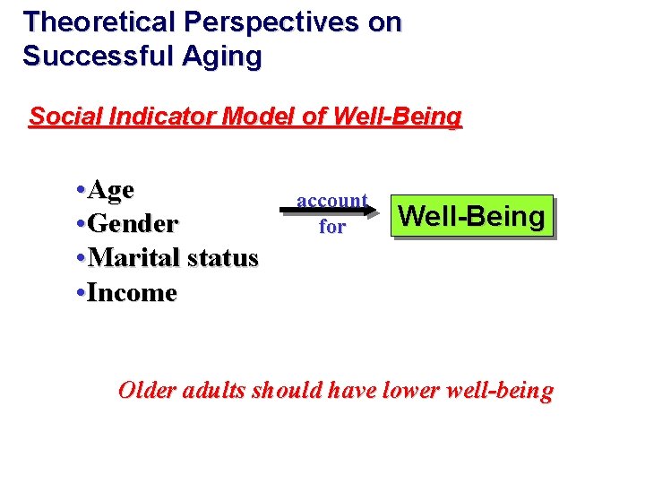 Theoretical Perspectives on Successful Aging Social Indicator Model of Well-Being • Age • Gender