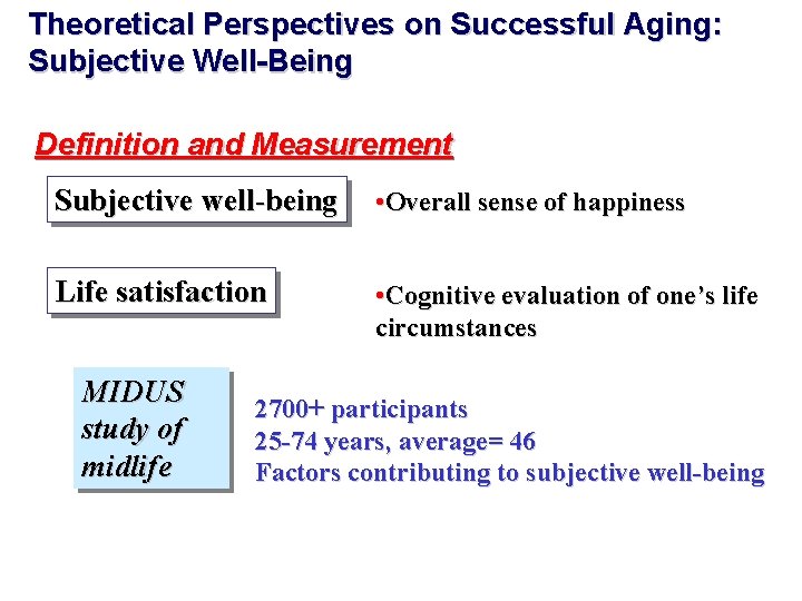 Theoretical Perspectives on Successful Aging: Subjective Well-Being Definition and Measurement Subjective well-being • Overall