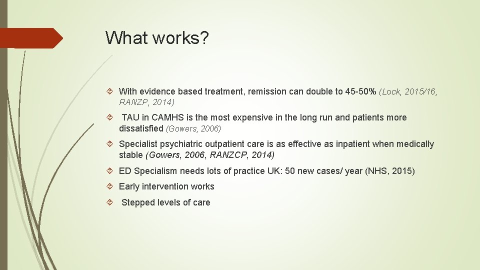 What works? With evidence based treatment, remission can double to 45 -50% (Lock, 2015/16,