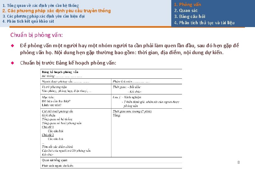 1. Tổng quan về xác định yêu cầu hệ thống 2. Các phương pháp