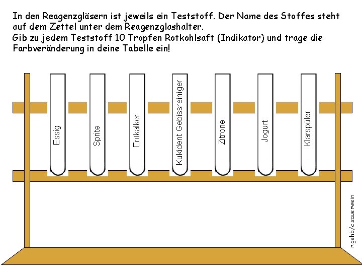 r. gehb/c. sauerwein Klarspüler Jogurt Zitrone Kukident Gebissreiniger Entkalker Sprite Essig In den Reagenzgläsern