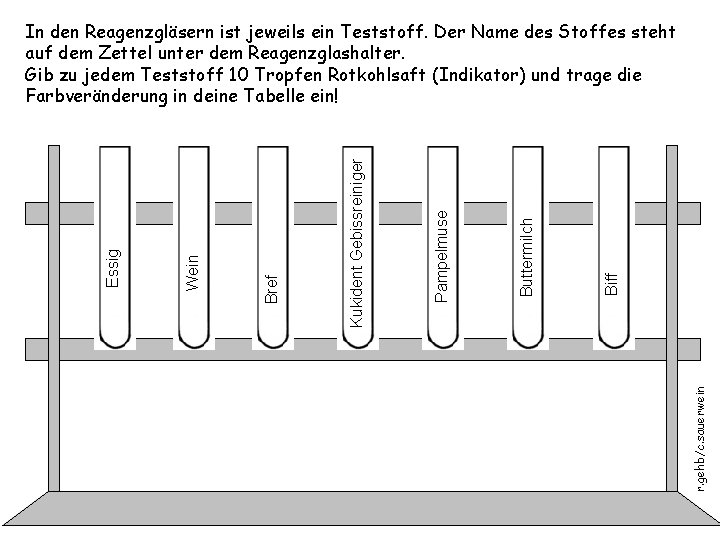 r. gehb/c. sauerwein Biff Buttermilch Pampelmuse Kukident Gebissreiniger Bref Wein Essig In den Reagenzgläsern