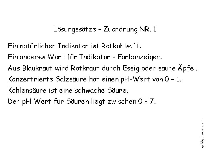 Lösungssätze – Zuordnung NR. 1 Ein natürlicher Indikator ist Rotkohlsaft. Ein anderes Wort für