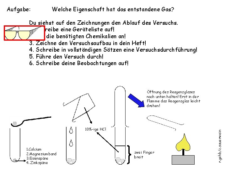 Aufgabe: Welche Eigenschaft hat das entstandene Gas? Du siehst auf den Zeichnungen den Ablauf