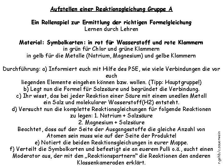 Aufstellen einer Reaktionsgleichung Gruppe A Ein Rollenspiel zur Ermittlung der richtigen Formelgleichung Lernen durch