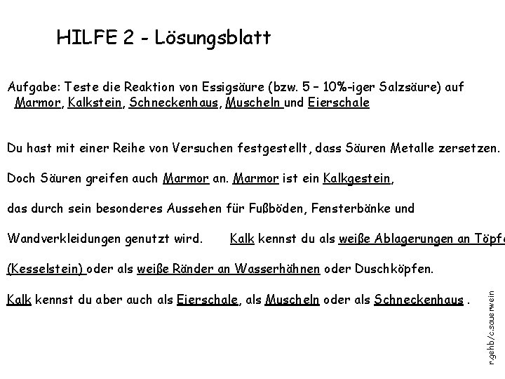 HILFE 2 - Lösungsblatt Aufgabe: Teste die Reaktion von Essigsäure (bzw. 5 – 10%-iger