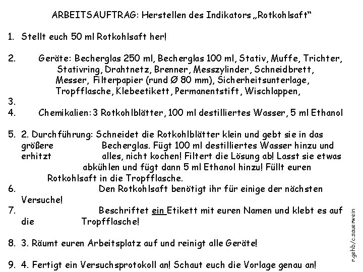 ARBEITSAUFTRAG: Herstellen des Indikators „Rotkohlsaft“ 1. Stellt euch 50 ml Rotkohlsaft her! 3. 4.