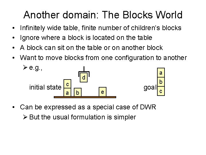 Another domain: The Blocks World • • Infinitely wide table, finite number of children’s