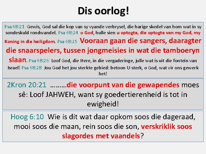 Dis oorlog! Psa 68: 21 Gewis, God sal die kop van sy vyande verbrysel,