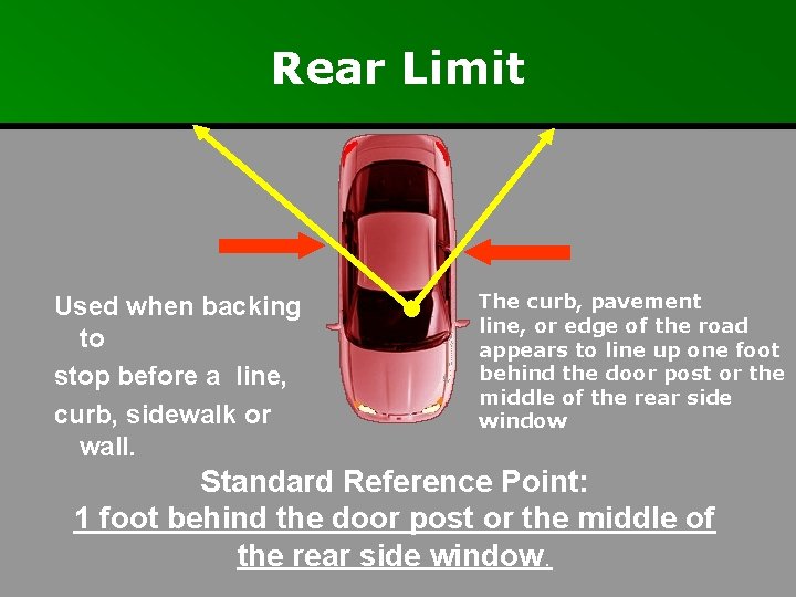 Rear Limit Used when backing to stop before a line, curb, sidewalk or wall.