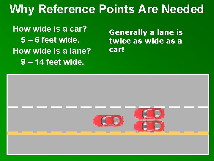 Why Reference Points Are Needed How wide is a car? 5 – 6 feet