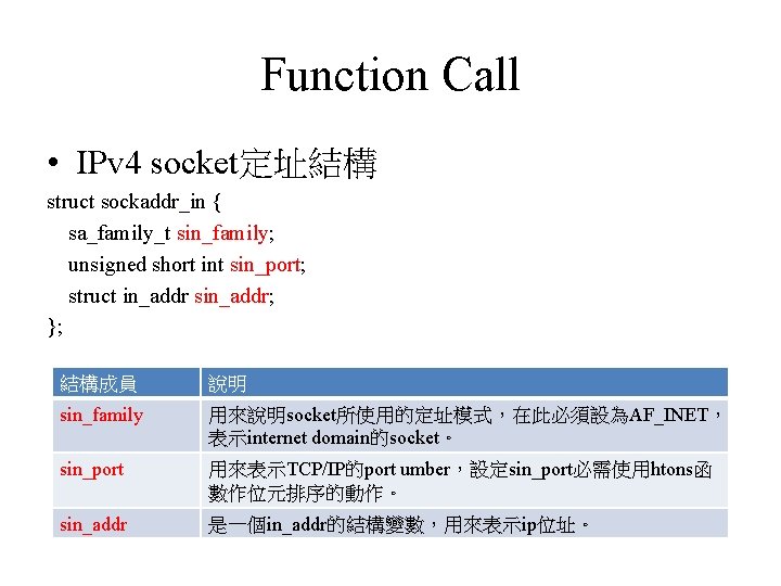 Function Call • IPv 4 socket定址結構 struct sockaddr_in { sa_family_t sin_family; unsigned short int