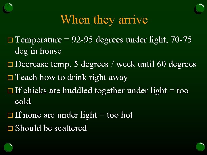 When they arrive o Temperature = 92 -95 degrees under light, 70 -75 deg