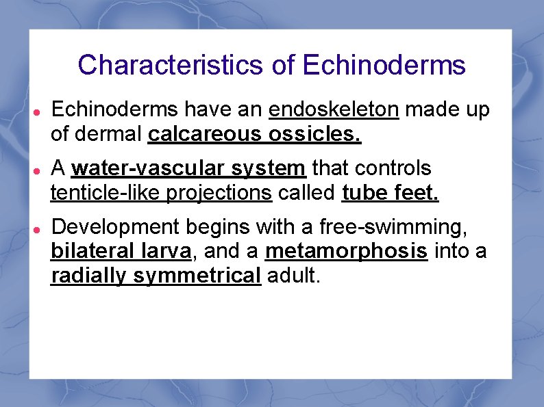 Characteristics of Echinoderms have an endoskeleton made up of dermal calcareous ossicles. A water-vascular