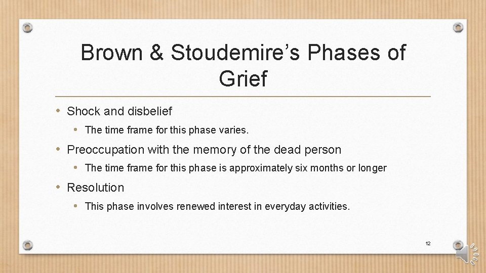 Brown & Stoudemire’s Phases of Grief • Shock and disbelief • The time frame