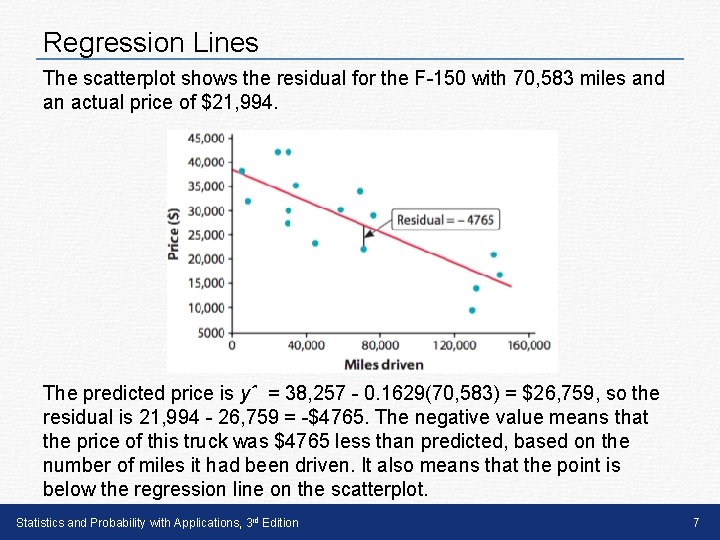 Regression Lines The scatterplot shows the residual for the F-150 with 70, 583 miles