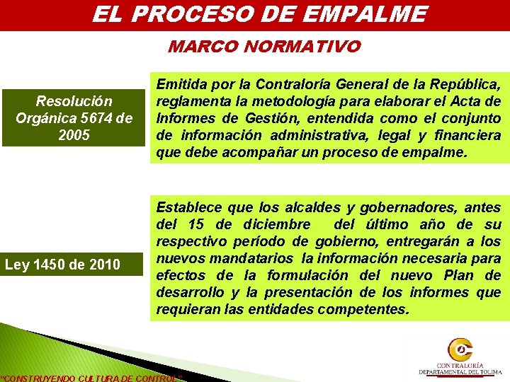 EL PROCESO DE EMPALME MARCO NORMATIVO Resolución Orgánica 5674 de 2005 Ley 1450 de