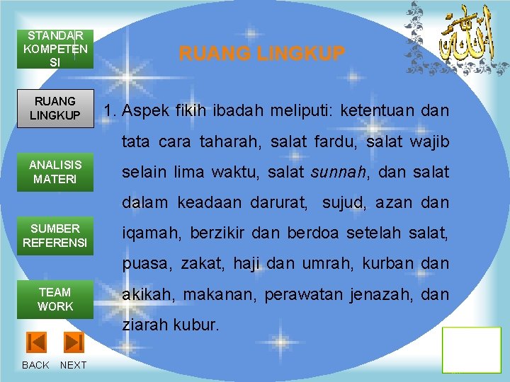 STANDAR KOMPETEN SI RUANG LINGKUP 1. Aspek fikih ibadah meliputi: ketentuan dan tata cara