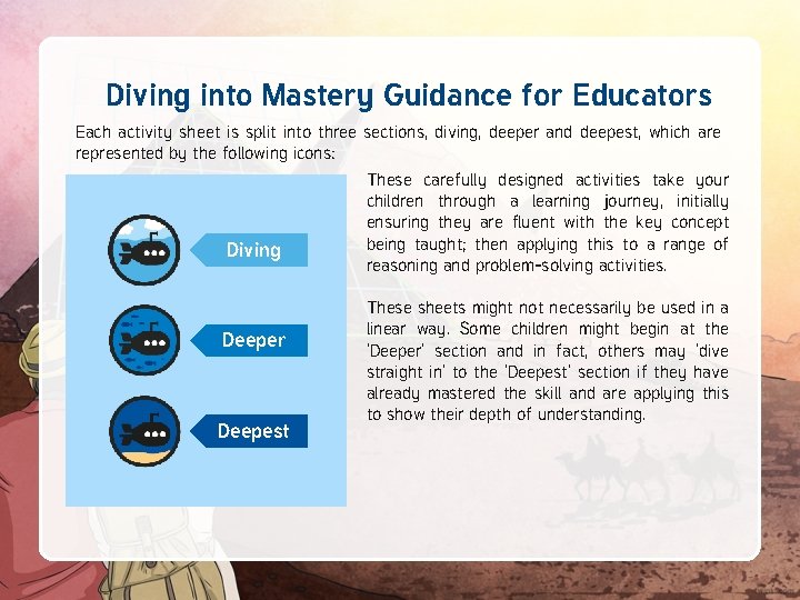 Diving into Mastery Guidance for Educators Each activity sheet is split into three sections,