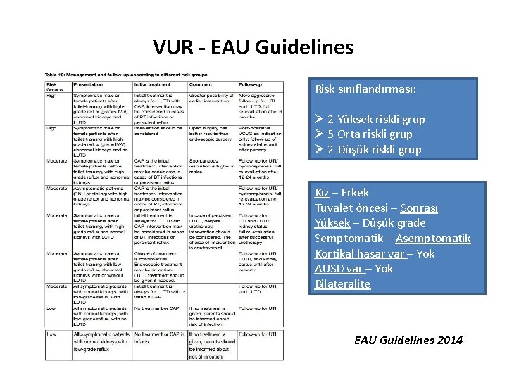 VUR - EAU Guidelines Risk sınıflandırması: Ø 2 Yüksek riskli grup Ø 5 Orta